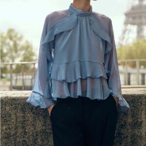 Zara Light Blue Ruffled Blouse